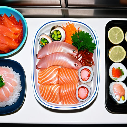 Home 4 **Image Prompt:** A vibrant summer seafood spread, showcasing fresh catches like glistening raw fish (sashimi style), clams, and octopus. The scene should emphasize the importance of temperature control with seafood stored in airtight containers nestled inside a refrigerator, some wrapped in damp kitchen towels, highlighting freshness.