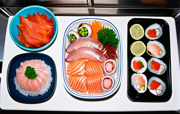 **Image Prompt:** A vibrant summer seafood spread, showcasing fresh catches like glistening raw fish (sashimi style), clams, and octopus. The scene should emphasize the importance of temperature control with seafood stored in airtight containers nestled inside a refrigerator, some wrapped in damp kitchen towels, highlighting freshness.
